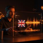 Generador de voz IA con acento británico en un entorno startup tecnológico, destacando automatización de audio para creadores de contenido.