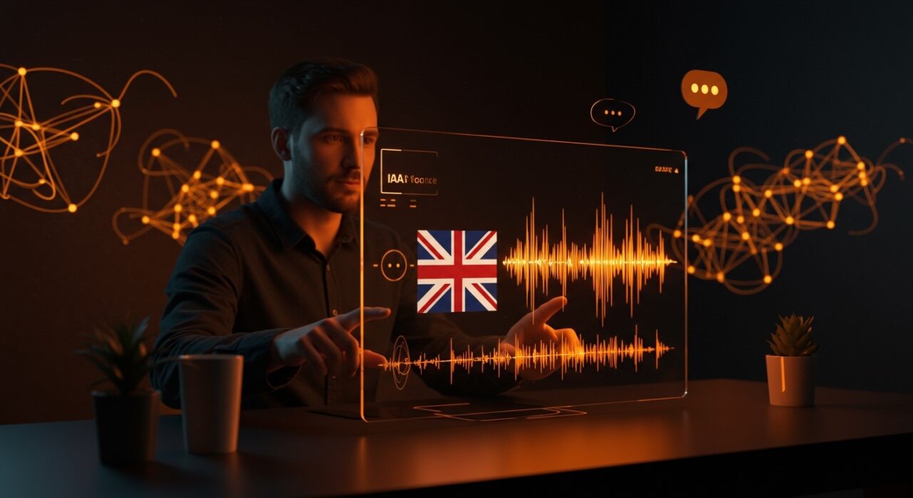Generador de voz IA con acento británico en un entorno startup tecnológico, destacando automatización de audio para creadores de contenido.