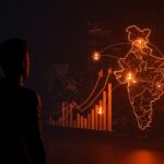 Inversión de General Catalyst en India representada con flujos de capital y ecosistema startup resaltado en colores naranja y negro.