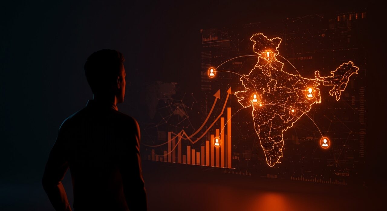 Inversión de General Catalyst en India representada con flujos de capital y ecosistema startup resaltado en colores naranja y negro.