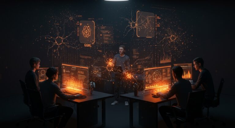 Desarrolladores colaborando en IA local open source con la integración de GGML y Hugging Face, impulsando innovación tecnológica para startups.