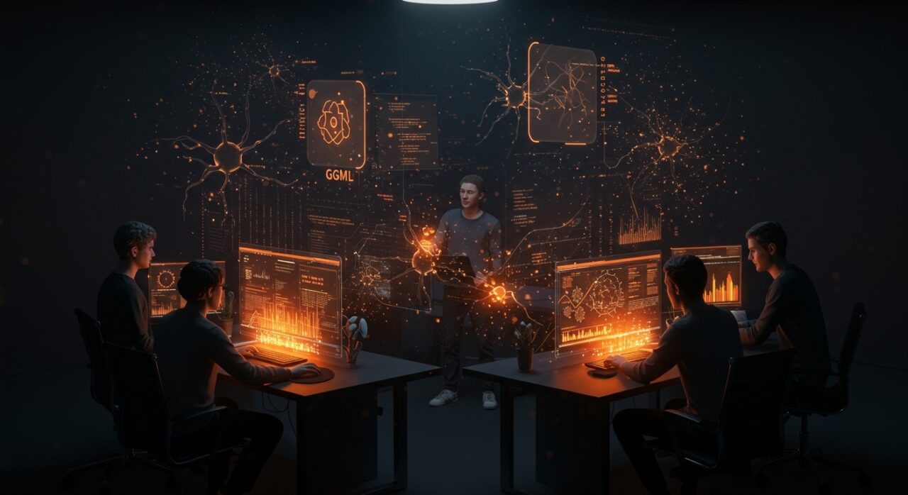 Desarrolladores colaborando en IA local open source con la integración de GGML y Hugging Face, impulsando innovación tecnológica para startups.