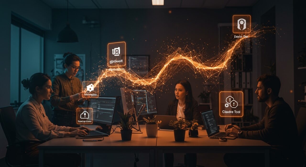 Founders analizando asistentes de código IA como GitHub Copilot en entorno futurista, destacando herramientas AI para desarrollo empresarial en 2026.