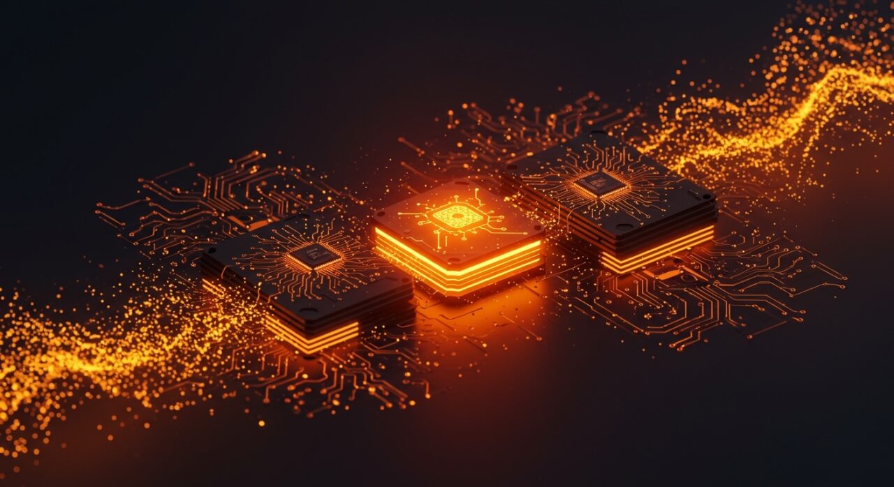 Middleware de IA empresarial representado como núcleo digital integrador en tonos naranja y negro, ilustrando la estrategia de Glean en Enterprise AI.