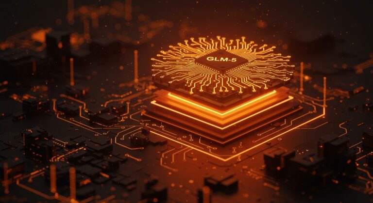 Modelo GLM-5 de IA open source representado como red neuronal dinámica con arquitecturas Mixture-of-Experts, destacando precisión y menor tasa de alucinaciones para startups tecnológicas.