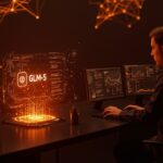 Investigador de inteligencia artificial trabajando con el modelo open source GLM-5 en un entorno tecnológico avanzado, destacando su baja tasa de alucinaciones en IA.