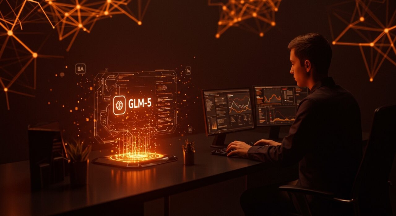Investigador de inteligencia artificial trabajando con el modelo open source GLM-5 en un entorno tecnológico avanzado, destacando su baja tasa de alucinaciones en IA.