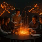 Gobernanza en startups Latinoamericanas ilustrada con emprendedores colaborando en un entorno digital avanzado, destacando la importancia de la gobernanza desde el inicio y la inversión.