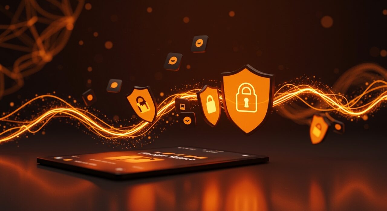 Interfaz futurista de Google Play Store con IA bloqueando apps maliciosas, destacando seguridad digital y detección avanzada de malware con inteligencia artificial aplicada.
