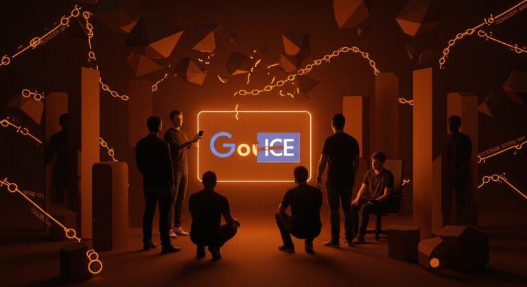 Empleados de tecnología protestando contra censura corporativa en Google por activismo anti-ICE, destacando ética tecnológica y cultura organizacional.