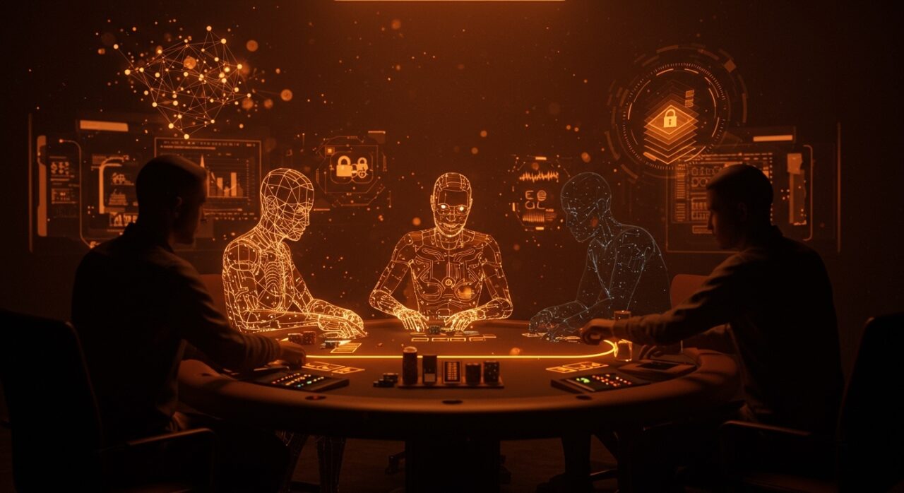 Imagen de benchmarking de IA en póker y Werewolf por Google DeepMind en Game Arena con conceptos de seguridad y modelos avanzados.