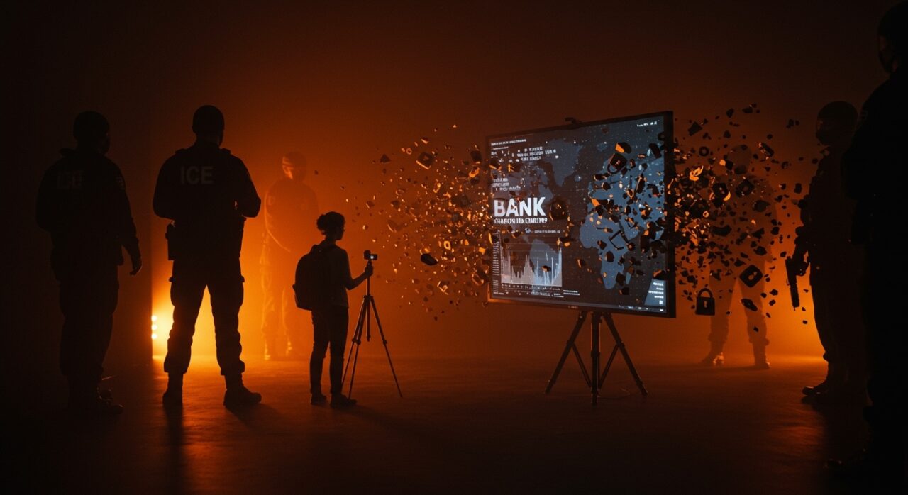 Imagen editorial que representa la entrega de datos bancarios de un periodista a ICE por Google, destacando la privacidad de datos y la libertad de prensa en el ecosistema startup.