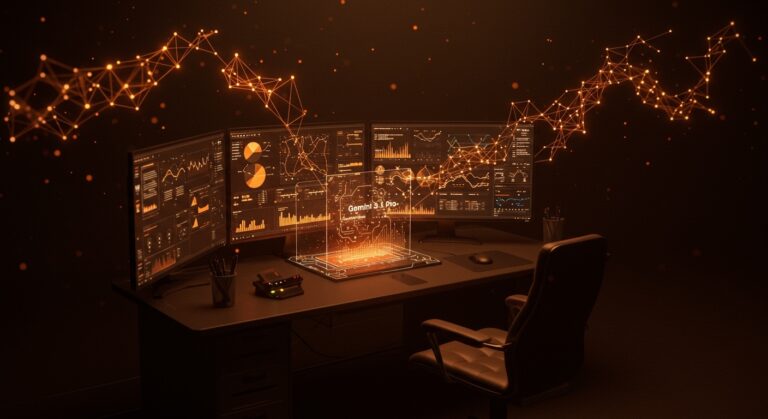 Visualización futurista de Google Gemini 3.1 Pro mostrando aumento del rendimiento en IA para startups tecnológicas.