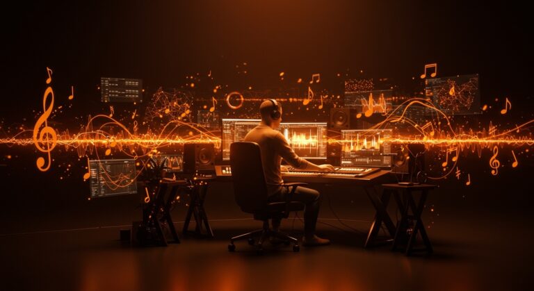 Interfaz futurista de Google Gemini generando música con inteligencia artificial representada con notas musicales digitales y redes neuronales abstractas en paleta naranja y negro.