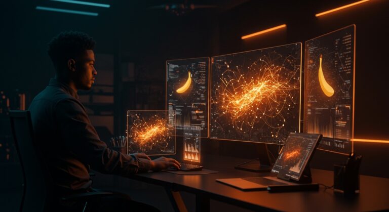 Interfaz futurista de Google Nano Banana 2 generando imágenes IA rápidamente para startups tecnológicas en la app Gemini.