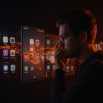 Desarrollador Android frente a pantallas digitales con cadenas que simbolizan la restricción en la distribución de apps tras la nueva política de registro obligatorio de Google.