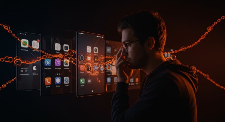 Desarrollador Android frente a pantallas digitales con cadenas que simbolizan la restricción en la distribución de apps tras la nueva política de registro obligatorio de Google.
