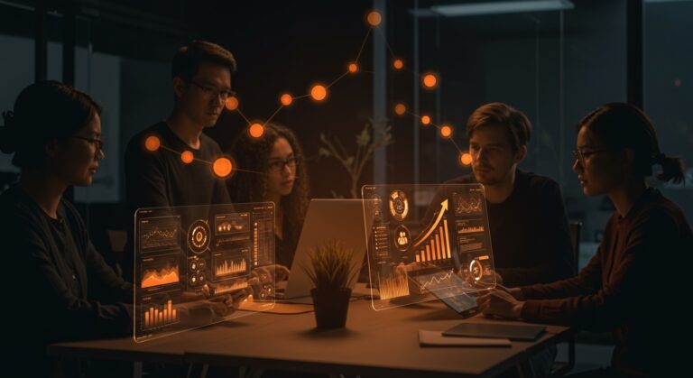 Automatización de flujos de trabajo en startups tech con Google Opal mostrando colaboración y productividad eficiente.