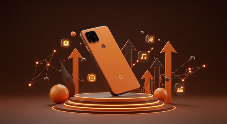 Google Pixel 10a destacado en fondo tecnológico naranja y negro, simbolizando lanzamiento accesible y tendencias para startups.