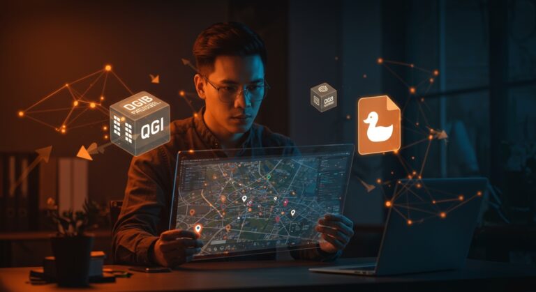 Analista de datos visualizando mapas geoespaciales de Google Street View con DuckDB y QGIS en un entorno tecnológico avanzado.