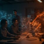 Ingenieros senior trabajando en plataforma de inteligencia artificial para contratos gubernamentales en startup de tecnología en Nueva York.