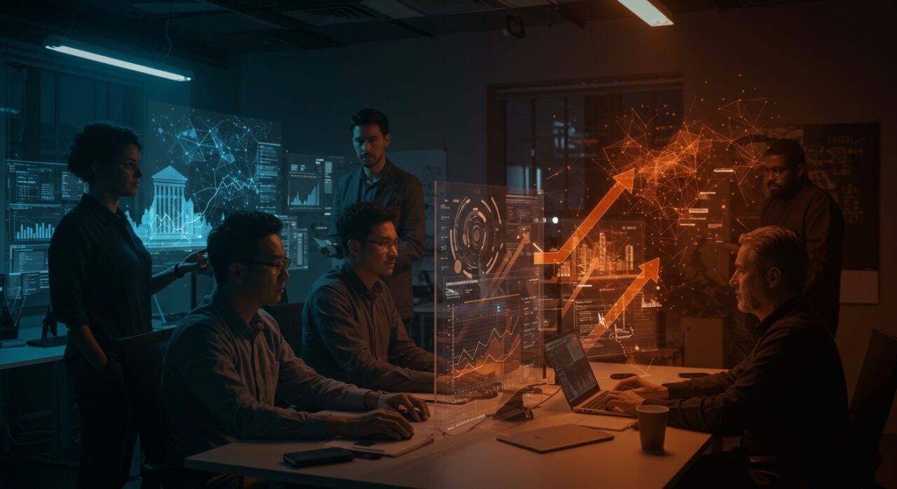 Ingenieros senior trabajando en plataforma de inteligencia artificial para contratos gubernamentales en startup de tecnología en Nueva York.