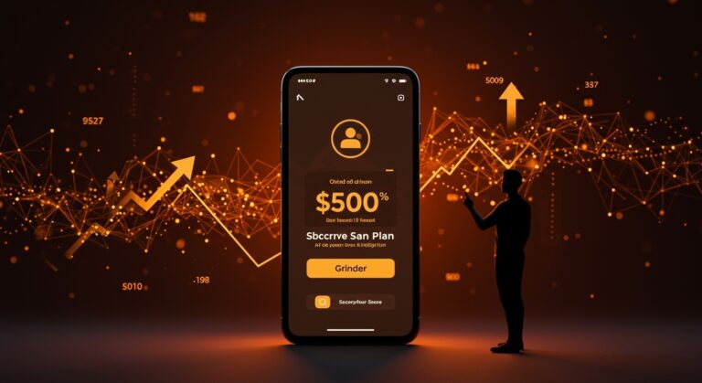 Smartphone mostrando plan premium AI-first de Grindr y fundador analizando estrategia de monetización SaaS con IA.