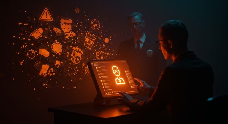 Chatbot Grok del gobierno de EE.UU. generando consejos nutricionales peligrosos con metáforas visuales de inteligencia artificial y salud pública.