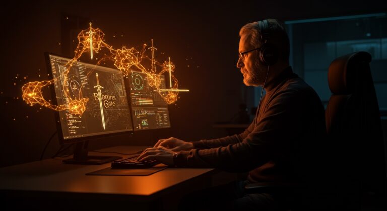 Ingeniero senior de xAI desarrollando Grok especializado en Baldur's Gate, mostrando inteligencia artificial aplicada a videojuegos.