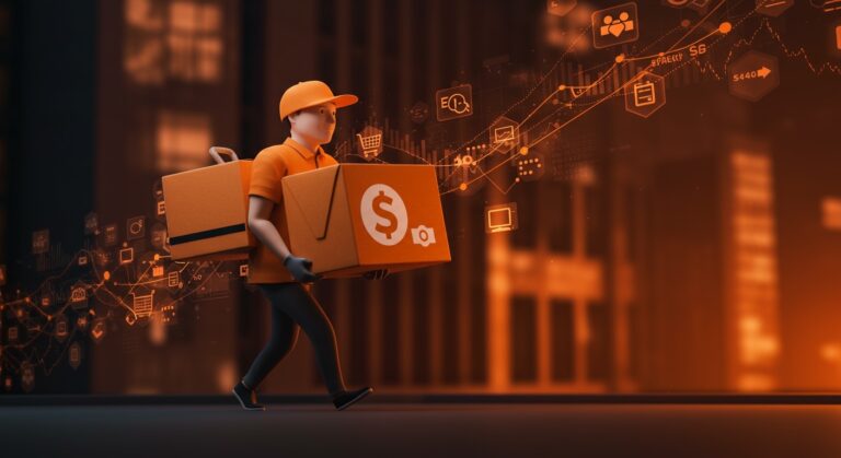 Repartidor de food delivery con gran pedido destacando eliminación de tarifas por encima de 50 dólares, representando tendencias y competencia en el mercado delivery.