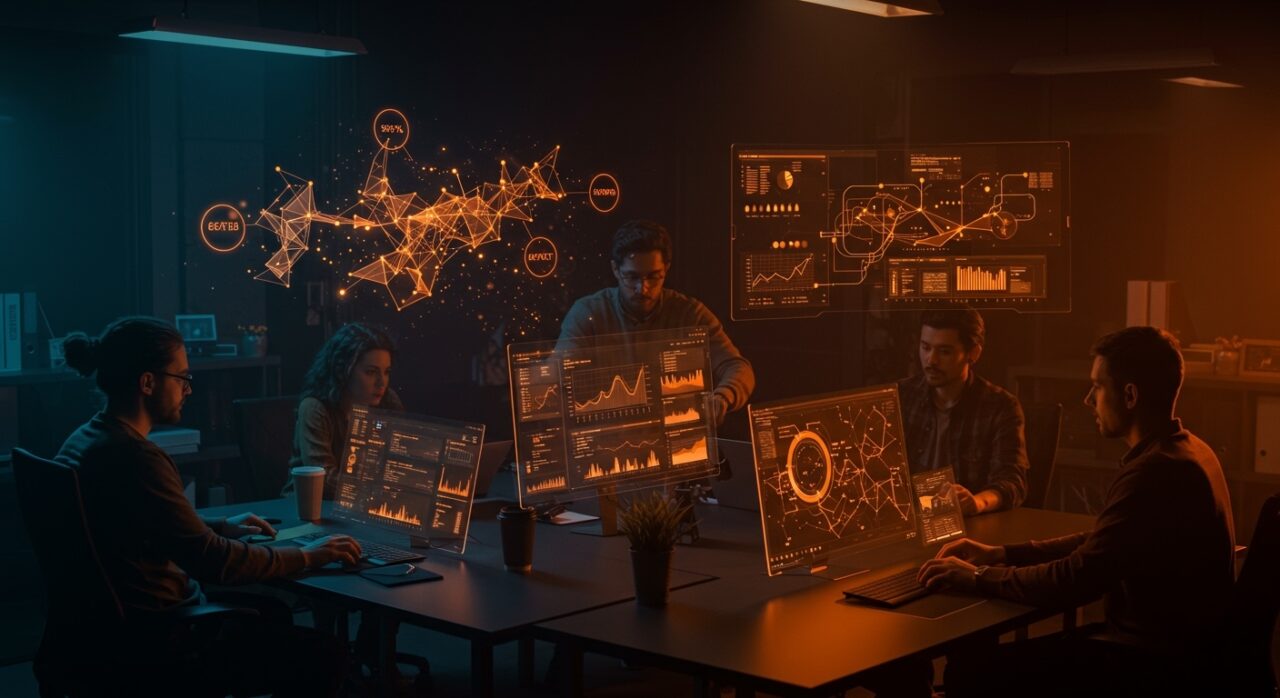 Equipo de fundadores técnicos colaborando en ingeniería de datos open source para grandes modelos y proyectos prácticos de IA en un entorno tecnológico moderno.