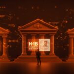 Visualización editorial del uso de visas H-1B en grandes bancos con énfasis en salarios mínimos y dependencia migratoria en el mercado laboral tecnológico.