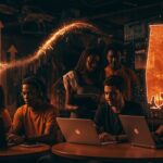 Estudiantes HBCU en Alabama colaborando en financiamiento temprano para startups con IA aplicada en un entorno tecnológico avanzado.