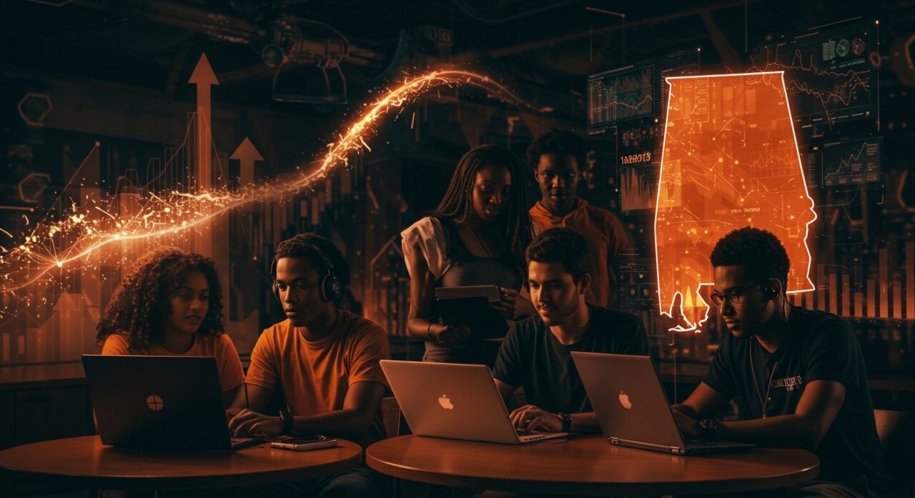 Estudiantes HBCU en Alabama colaborando en financiamiento temprano para startups con IA aplicada en un entorno tecnológico avanzado.