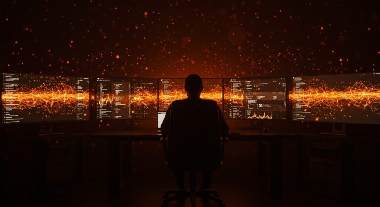 Fundador de startup frente a pantallas con comentarios IA saturando Hacker News, representando los desafíos de moderación en comunidades tech.