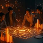 Equipo de founders tecnológicos colaborando sobre un blueprint digital brillante, simbolizando innovación, resiliencia y liderazgo femenino en startups tech.