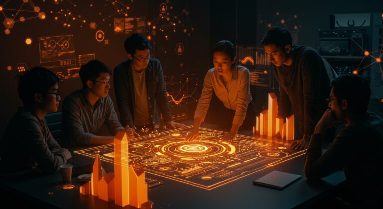 Equipo de founders tecnológicos colaborando sobre un blueprint digital brillante, simbolizando innovación, resiliencia y liderazgo femenino en startups tech.