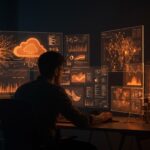 Fundador visualizando infraestructura cloud segura y AI empresarial, reflejando el modelo sostenible de Heroku para startups.