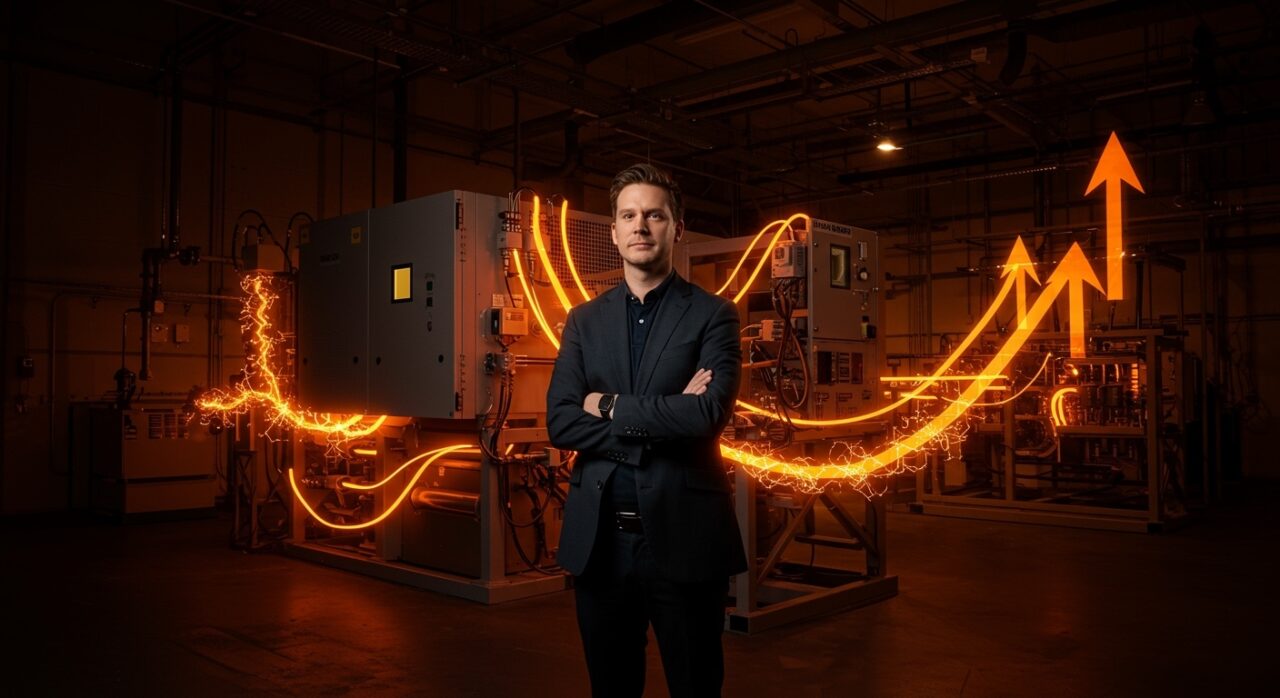 Drew Baglino junto a tecnología energética avanzada representando financiación y escalamiento de startup cleantech.