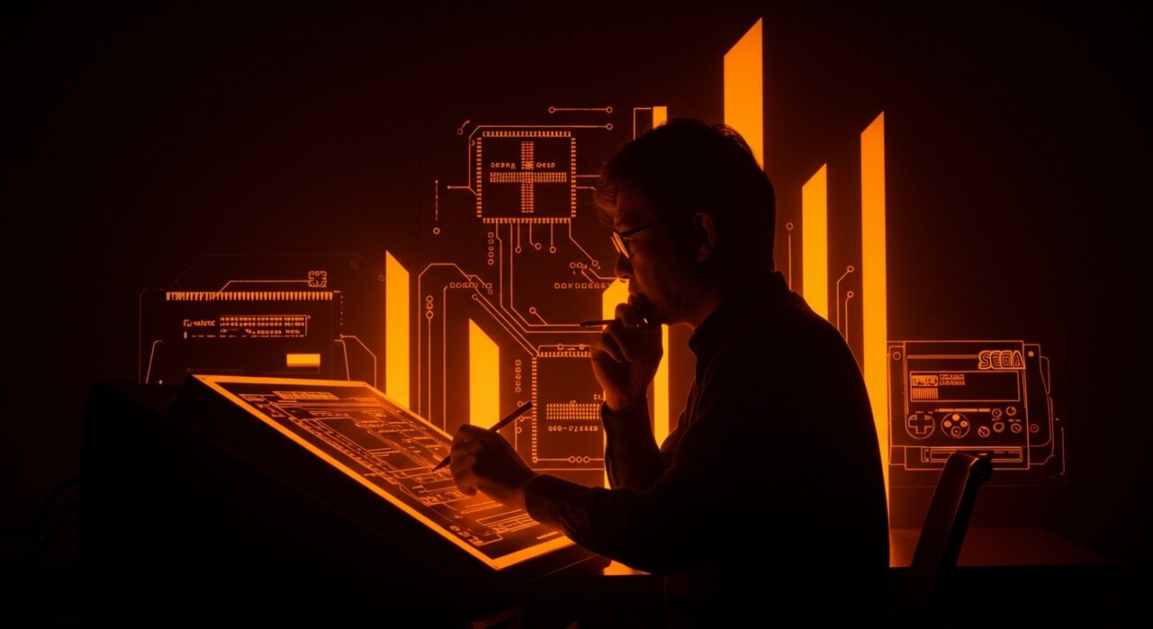 Retrato conceptual de Hideki Sato con elementos de diseño de consolas Sega y metáforas visuales de innovación tecnológica en hardware de videojuegos.
