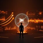 Fundador de startup de video IA frente a visualizaciones digitales, simbolizando innovación y crecimiento acelerado tras ronda de funding.