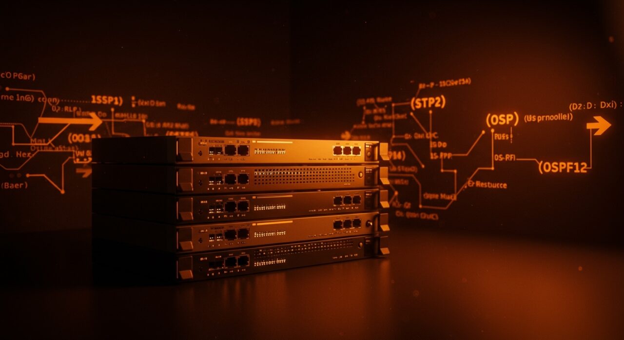 Stack de routing moderno en Rust ilustrado con metáforas visuales de protocolos IS-IS y OSPF para infraestructura de red segura y eficiente.