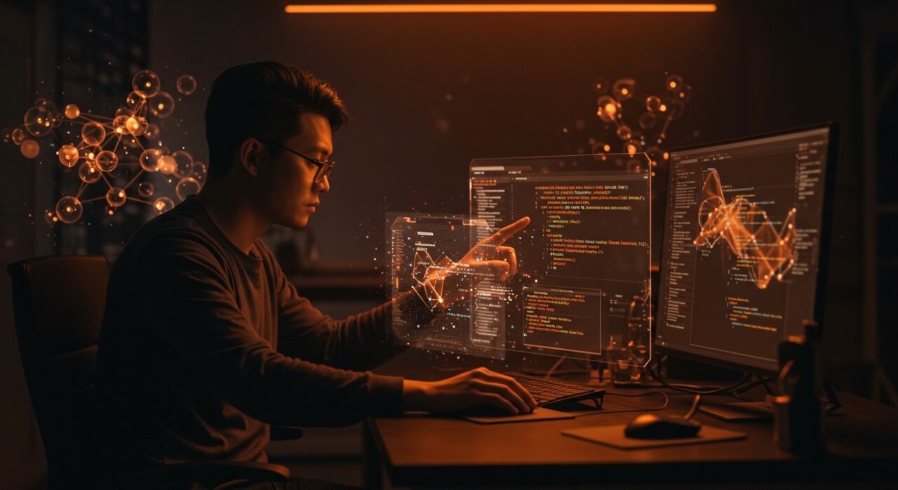 Desarrollador usando Guile Hoot para compilar Scheme a WebAssembly con garbage collection nativo, ilustrando innovación en automatización y desarrollo web.