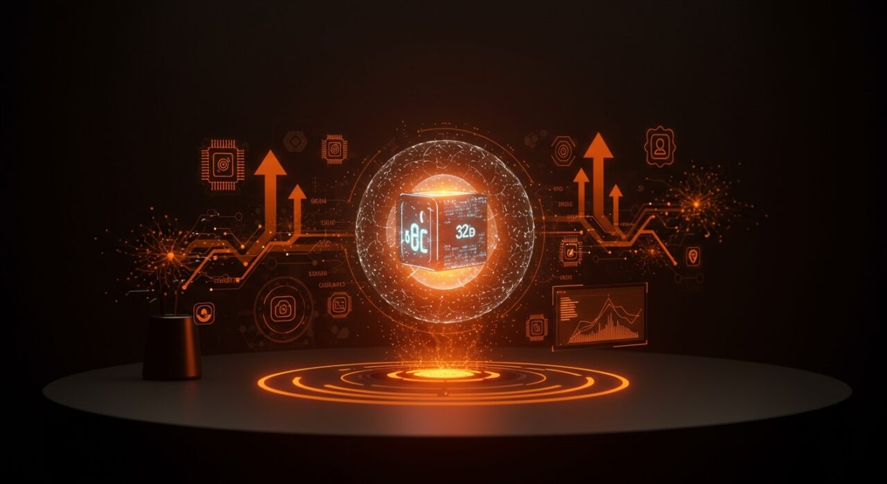 Visualización de HyperNova 60B, modelo de IA español comprimido y gratuito con elementos de computación cuántica e innovación tecnológica.