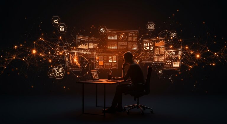 Editor en jefe reflexionando sobre la integración de inteligencia artificial en medios digitales, ilustrando retos y automatización con IA aplicada.