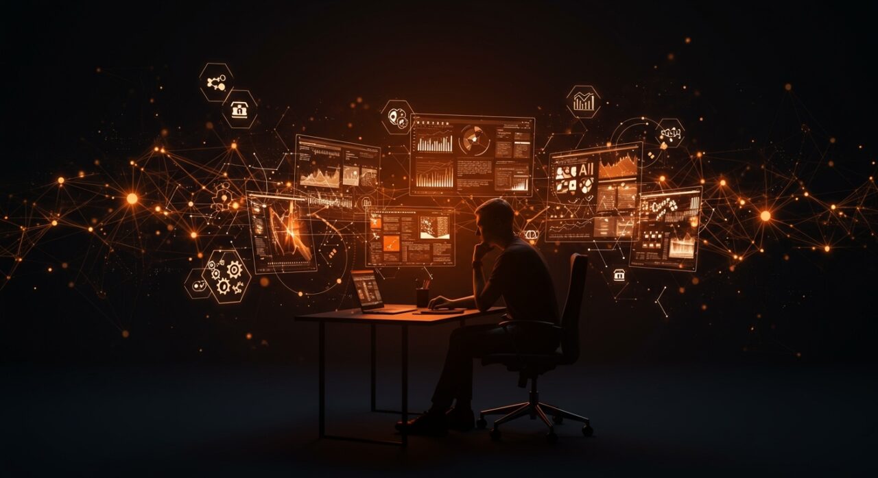 Editor en jefe reflexionando sobre la integración de inteligencia artificial en medios digitales, ilustrando retos y automatización con IA aplicada.