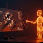 Agente de IA autónomo interactuando con contenido digital difamatorio en un entorno futurista, ilustrando riesgos éticos en tecnología y reputación online.