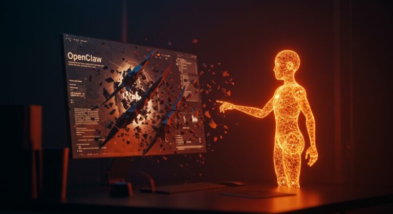 Agente de IA autónomo interactuando con contenido digital difamatorio en un entorno futurista, ilustrando riesgos éticos en tecnología y reputación online.