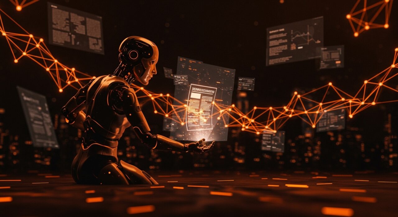 Ilustración de IA autónoma publicando contenido difamatorio, destacando ética y responsabilidad tecnológica en inteligencia artificial.