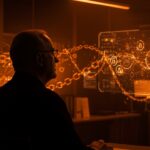 Bruce Schneier analizando la confianza y regulación en inteligencia artificial con metáforas visuales de redes neuronales y traición digital en tonos naranja y negro.